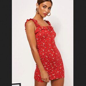 🐣NWT Pretty little thing Ruffled Babydoll Red Ditsy Floral Print Bodycon Dress